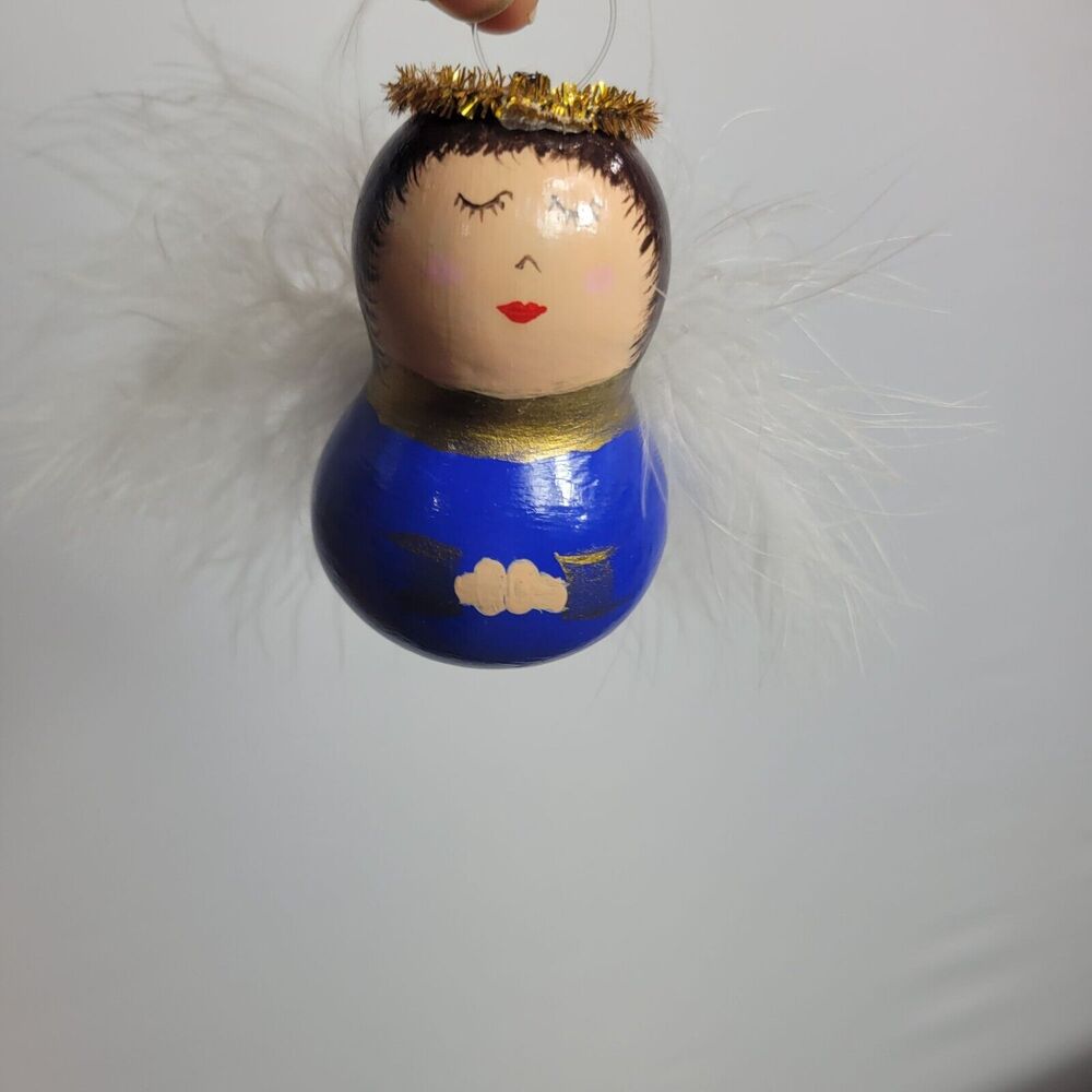 Handcrafted Gourd Blue Angel Ornament White Feathers Gold Accents Hand Painted